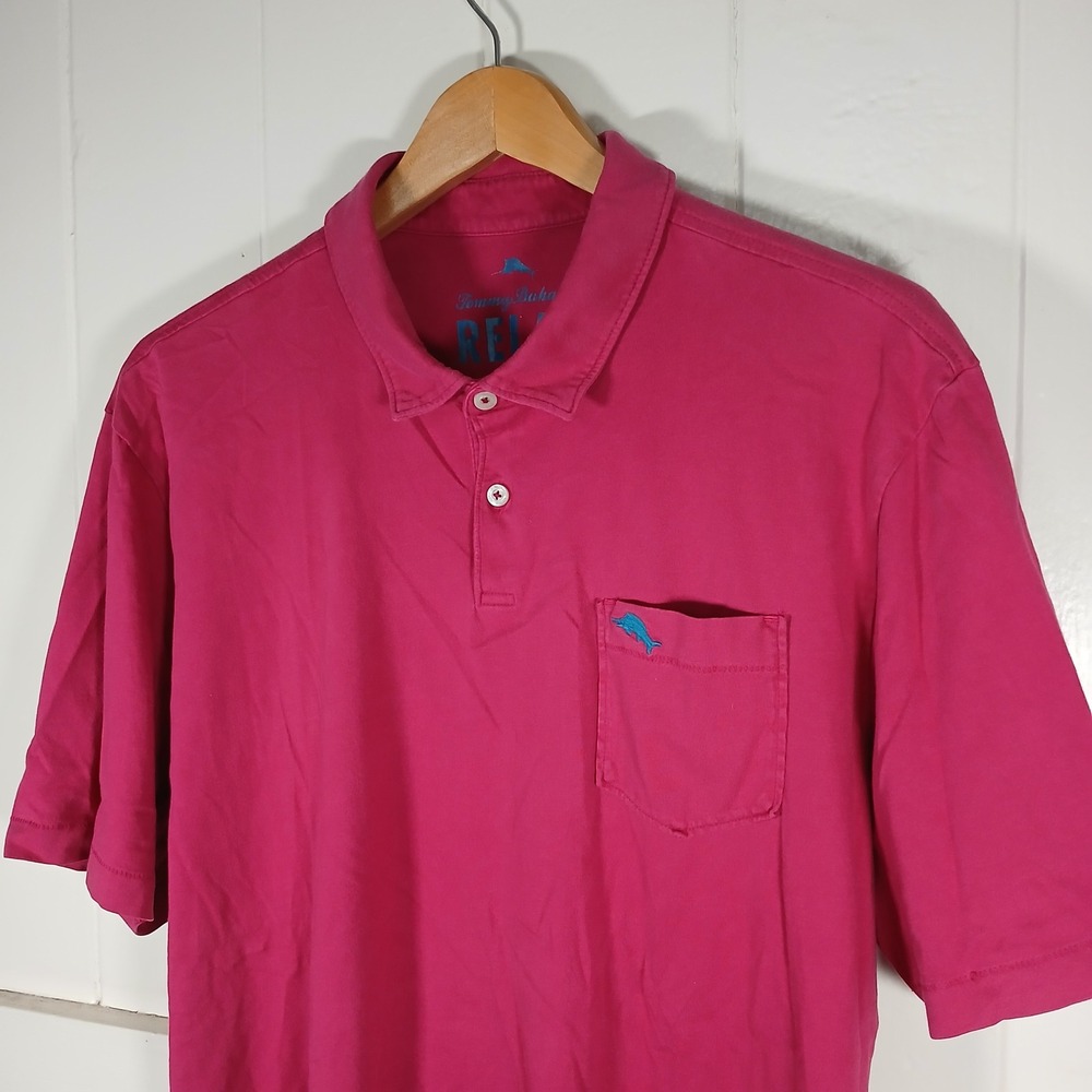 Tommy Bahama Polo Shirt Mens Large Magenta Pima Cotton Short Sleeve Pocket Relax
